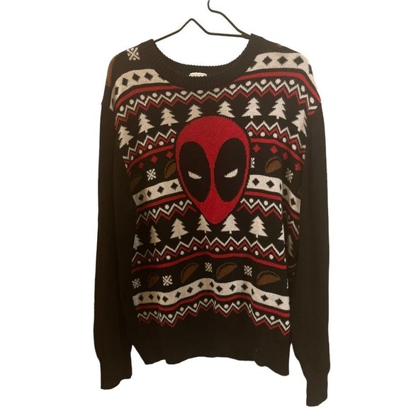 MARVEL Deadpool Sweater Crew Neck Christmas Holiday Red Black White Mens Size XL - Picture 1 of 4